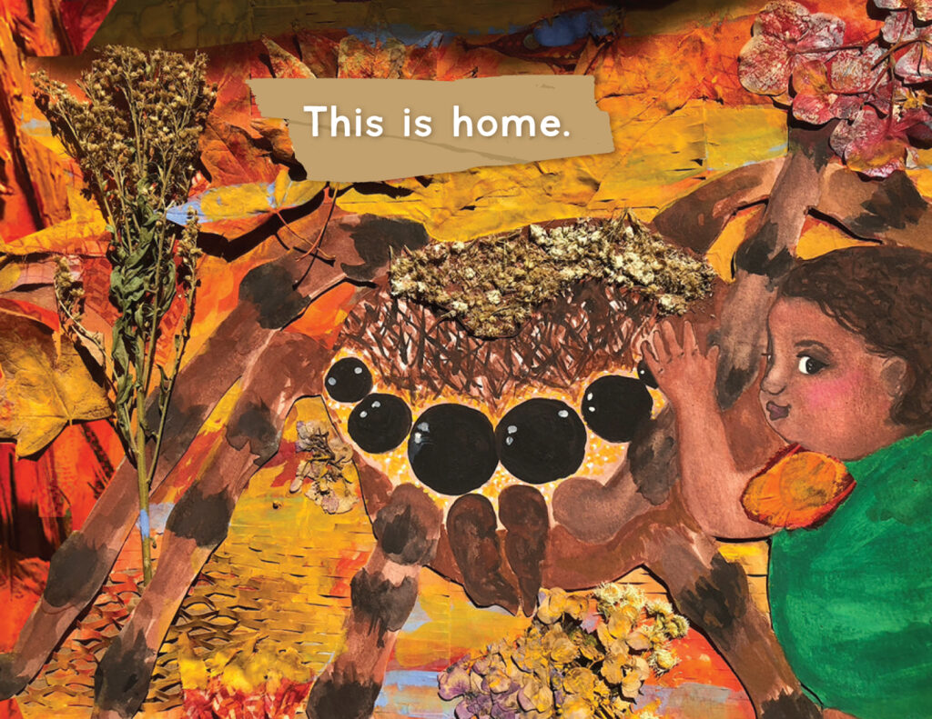 Illustrated image of A, the spider from the Tiny Cave storybook