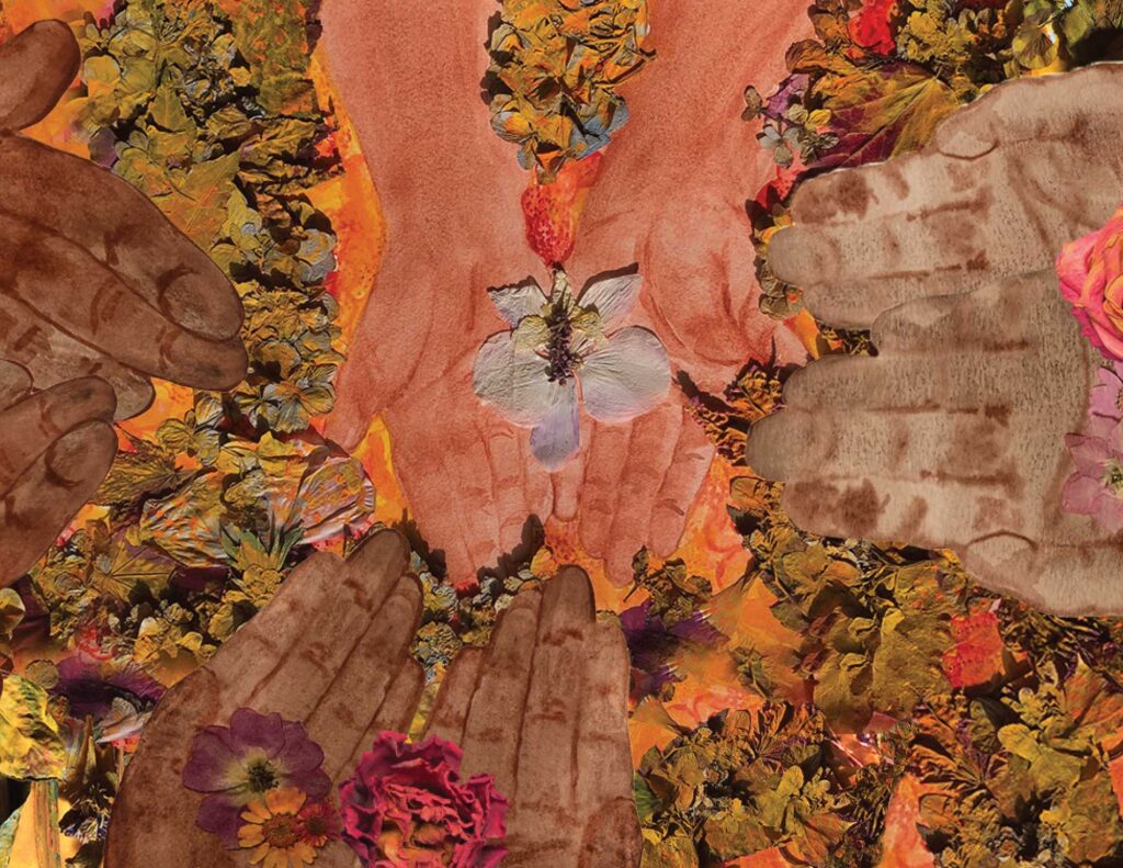 Abstract mixed-media artwork with hands, flowers and delicate floral shapes.