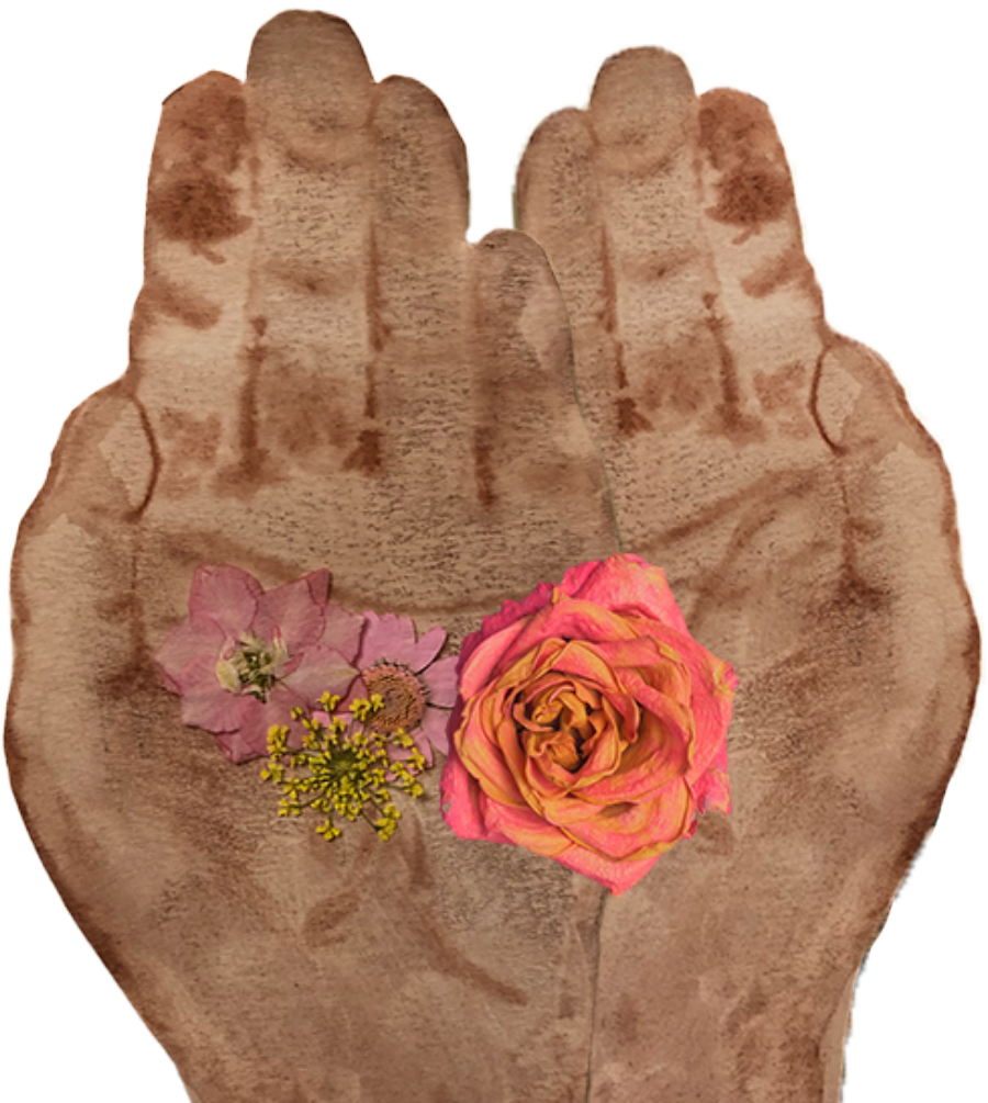 Illustrated image of child's hands holding flowers